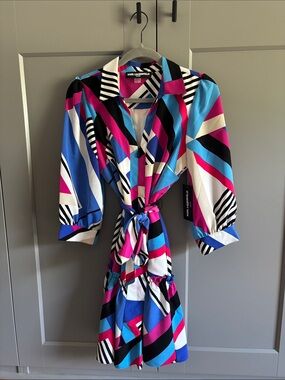 Karl Lagerfeld Multi-Color Geometric Stripe Tie-Waist Dress